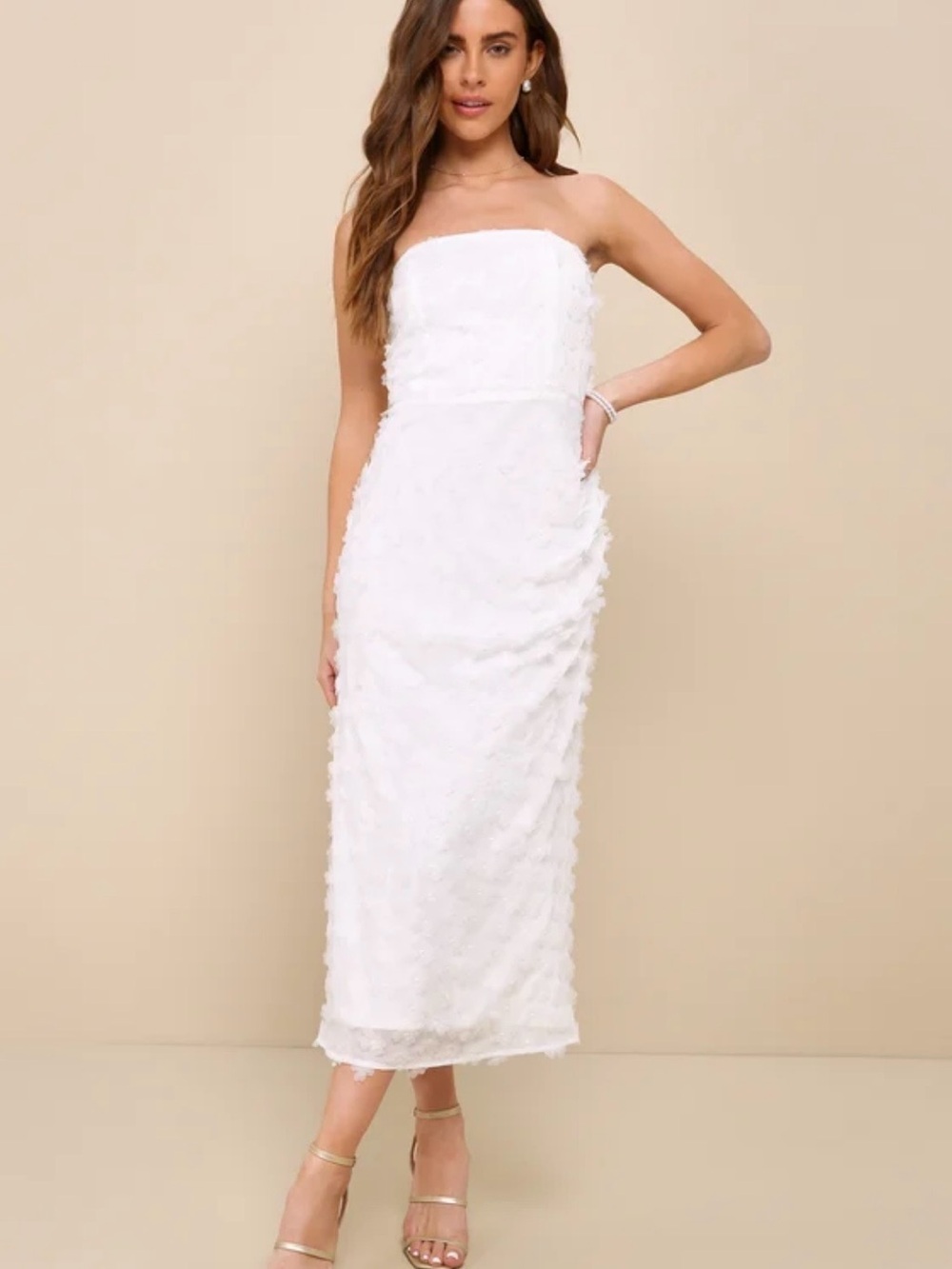 NWT Lulus Dreamy Girl White 3D Floral Applique Strapless Midi Dress Size Large